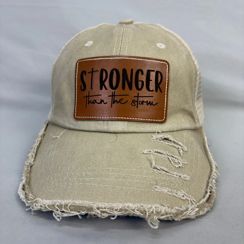Stronger Than the Storm Christian Cross Patch Distressed Trucker Hat Snapback